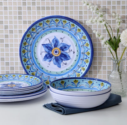 Bộ đồ ăn Melamine, Bộ 12 đĩa và bát, Bộ đồ ăn màu xanh cho 4 bộ đồ ăn cắm trại Máy rửa chén an toàn BPA f